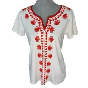 Talbots Womens Medium Top Red White Embroidered Floral Palm Tee Short Sleeve